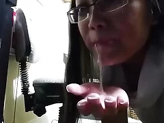 Asian office slut cocsucks her boss