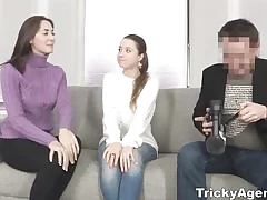 Two lesbians fucking with one guy